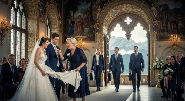 BEI DER LUXUSHOCHZEIT AUF SCHLOSS NEUSCHWANSTEIN RISS DIE SCHWIEGERMUTTER DER BRAUT DAS KLEID KAPUTT UND BESCHIMPFT SIE ALS GOLDBGRÄBERIN, UM DIE HEIRAT ZU VERHINDERN – ABER DANN BETRATEN 3 MÄCHTIGE ANWÄLTE DEN SAAL UND ENTHÜLLTEN DIE WAHRE IDENTITÄT DER JUNGEN FRAU.