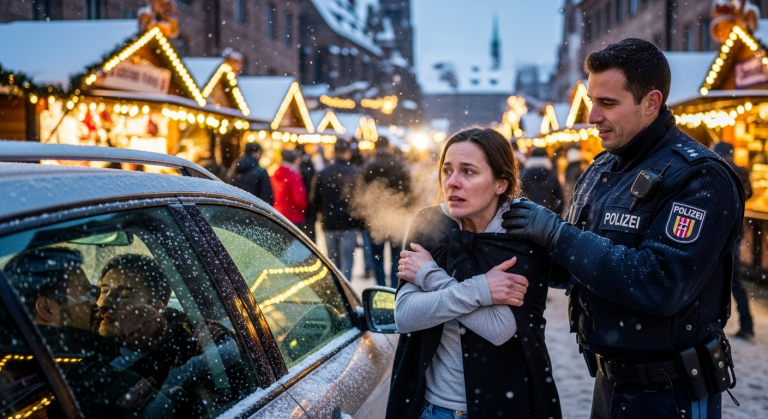BEI MINUS 5 GRAD AUF DEM NÜRNBERGER CHRISTKINDLESMARKT SPERRTE MICH MEIN MANN OHNE MANTEL AUS DEM AUTO, UM UNGESTÖRT MIT SEINER NEUEN FREUNDIN ZU KNUTSCHEN… WÄHREND ICH VOR KÄLTE ZITTERTE, WICKELTE MICH EIN FREMDER POLIZIST IN SEINE JACKE UND ENTHÜLLTE EIN SCHOCKIERENDES GEHEIMNIS.