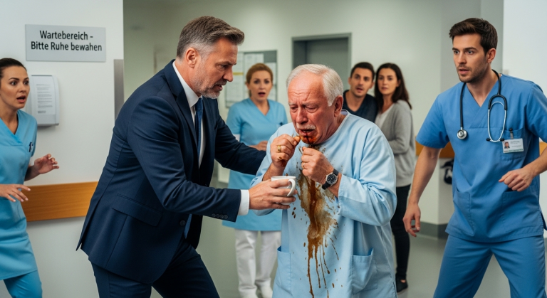 DER WÜTENDE MILLIONÄR STIEß DEN WEINENDEN, KRANKEN HERRN WEBER BRUTAL ZU BODEN UND SCHÜTTETE IHM IM KRANKENHAUS HEIßEN KAFFEE INS GESICHT, WEIL ER ZU LAUT HUSTETE… NIEMAND AHNTE, DASS IN DEN NÄCHSTEN 5 MINUTEN EIN MUTIGER ARZT AUS BERLIN DIE SCHOCKIERENDE WAHRHEIT ENTHÜLLEN WÜRDE.