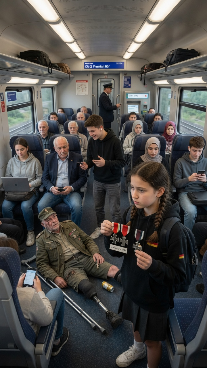 EIN VERWUNDETER VETERAN WIRD VON JUGENDLICHEN VOM SITZ GESTOSSEN UND LACHEN AUF DEN BODEN GEWORFEN, WEIL ER ZU LANGSAM WAR, UM IHNEN PLATZ ZU MACHEN… PLÖTZLICH ZIEHT EIN JUNGES MÄDCHEN 2 ALTE KRIEGSORDEN AUS IHRER TASCHE UND BRINGT DEN GANZEN ICE NACH FRANKFURT ZUM SCHWEIGEN.