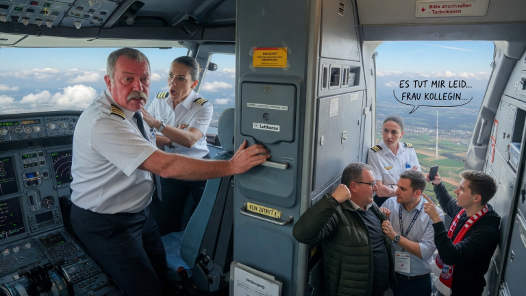 DER ARROGANTE KAPITÄN DRÄNGT DIE WEIBLICHE CO-PILOTIN AUS DEM COCKPIT UND SCHLÄGT DIE TÜR ZU, WEIL ER KEINE FRAU AN DEN KONTROLLEN AKZEPTIEREN WILL – WENIGE MINUTEN SPÄTER ZWINGEN IHN 3 MÄNNLICHE PASSAGIERE ÜBER DEN WOLKEN VON STUTTGART ZU EINER BITTEREN ENTSCHULDIGUNG.