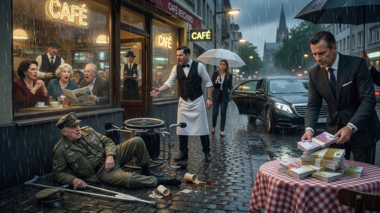 EIN BESITZLOSER VETERAN WIRD VOM KELLNER IN DEN STRÖMENDEN REGEN GESTOSSEN UND SEIN ROLLSTUHL UMGEKIPPT, WEIL ER SICH KEINEN KAFFEE LEISTEN KONNTE… ALS EIN MANN IM MASSANZUG AUSSTEIGT UND 10 TAUSEND EURO AUF DEN TISCH DES CAFES IN KÖLN LEGT, STOCKT ALLEN DER ATEM.