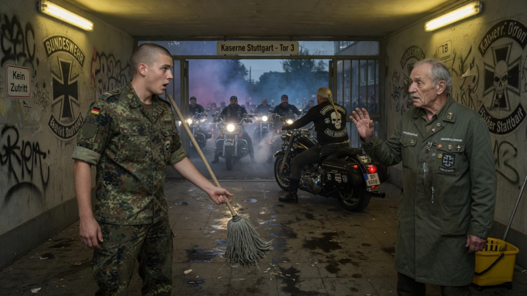 DER RESPEKTLOSE SOLDAT IN DER KASERNE STUTTGART SCHLUG DEM ALTEN HAUSMEISTER DEN MOPP AUS DER HAND UND SPUCKTE IHN AN, WEIL ER IM WEG STAND… ALS 15 SCHWERE HARLEYS VOR DEM TOR AUFHEULTEN, WURDE DEM JUNGEN MANN KLAR, WEN ER GERADE TIEF BELEIDIGT HATTE.