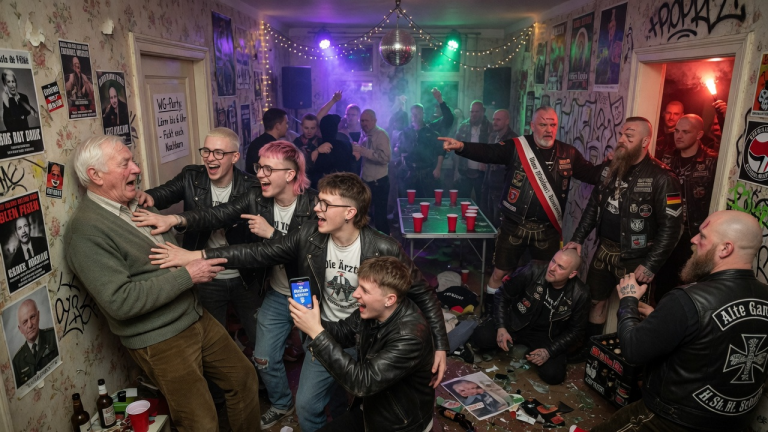 DIE EITLEN STUDENTEN AUF DER BERLINER WG-PARTY SCHUBSTEN DEN ALTEN NACHBARN GEGEN DIE WAND UND LACHTEN IHN AUS, WEIL ER SICH ÜBER DEN LÄRM BESCHWERTE… MINUTEN SPÄTER SPRENGTEN 40 LEDERNACKEN DIE FEIER, UM IHREM EHEMALIGEN PRÄSIDENTEN DEN NÖTIGEN RESPEKT ZU VERSCHAFFEN.