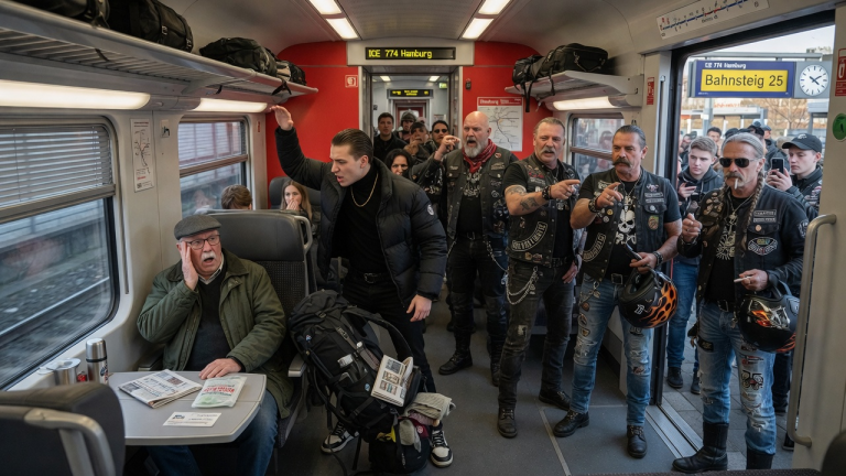 DER SCHNÖSEL IM ICE NACH HAMBURG SCHLEUDERTE DEN RUCKSACK DES ALTEN MANNES AUF DEN GANG UND GAB IHM EINE OHRFEIGE, WEIL ER DEN SITZPLATZ WOLLTE – ER WUSSTE NICHT, DASS AM BAHNSTEIG 25 ROCKER STANDEN, DIE NUR AUF DIESEN ZUG GEWARTET HABEN.