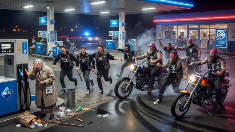 DIE JUGENDLICHE GANG AN DER ARAL-TANKSTELLE SPUCKTE DER ALTEN DAME INS GESICHT UND ZERSCHLUG IHREN GEHSTOCK, WEIL SIE ZU LANGSAM WAR – SEKUNDEN SPÄTER BREMSTEN 30 SCHWERGEWICHTIGE ROCKER SCHARF AB, UM DIE ZITTERNDE OMA ZU RÄCHEN UND DIE GANGSTER ZU BESTRAFEN.