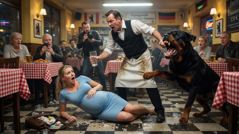 IN EINEM BERLINER RESTAURANT SCHUBSTE DER WÜTENDE KELLNER DIE HOCHSCHWANGERE KLARA AUF DEN BODEN UND SCHÜTTETE 1 GLAS EISWASSER ÜBER SIE, WEIL SIE ZU VIEL PLATZ BRAUCHTE… DOCH ER RECHNETE NICHT MIT BRUNO, IHREM TREUEN ROTTWEILER, DER PLÖTZLICH MIT GEFLETSCHTEN ZÄHNEN AUFTAUCHTE UND EINE UNGLAUBLICHE RACHE BEGANN.