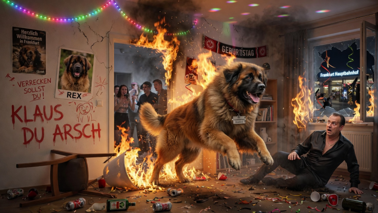 WÄHREND EINER WILDEN PARTY IN FRANKFURT WARF DER ARROGANTE NACHBAR KLAUS EINEN STUHL NACH DEM LEONBERGER-HUND REX UND WÜNSCHTE IHM LAUTHALS DEN TOD… ALS 3 STUNDEN SPÄTER EIN FEUER AUSBRACH, WAR ES GENAU DIESER VERHASSTE RIESENHUND, DER DURCH DIE FLAMMEN SPRANG, UM KLAUS ZU RETTEN.