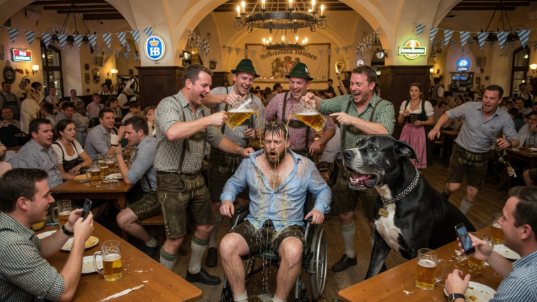 IM MÜNCHNER HOFBRÄUHAUS RISS EINE GRUPPE BETRUNKENER DEM ROLLSTUHLFAHRER LUKAS DAS HEMD KAPUTT UND KIPPTE IHM 2 LITER BIER ÜBER DEN KOPF, UM IHN ZU DEMÜTIGEN – NIEMAND WAGTE ZU HELFEN, BIS SEINE DEUTSCHE DOGGE BEETHOVEN MIT EINEM OHRENBETÄUBENDEN KNURREN AUFSTAND UND DIE TÄTER IN DIE FLUCHT SCHLUG.
