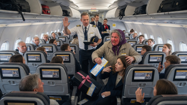 AUF DEM LUFTHANSA-FLUG NACH BERLIN STIEß MEINE SCHWIEGERMUTTER INGRID MICH WÜTEND AUS DEM SITZ UND ZERRISS MEIN TICKET, WEIL ICH IHREN KOFFER NICHT TRUG, WÄHREND 200 PASSAGIERE ZUSAHEN… IHR GESICHTSFRATZE ERSTARRTE JEDOCH, ALS DER PILOT EINGRIFF.