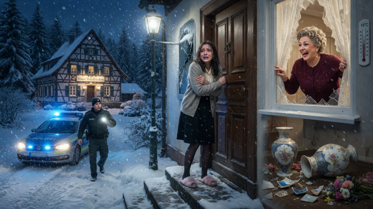 MEINE GRAUSAME SCHWIEGERMUTTER SPERRTE MICH BEI MINUS 10 GRAD IM SCHWARZWALD AUS DEM HAUS UND LACHTE HÄMISCH, WEIL ICH DIE TEURE VASE ZERBROCHEN HATTE… SIE RECHNETE ABER NICHT MIT DEM RETTENDEN EINSATZ EINES VORBEIFAHRENDEN POLIZISTEN.