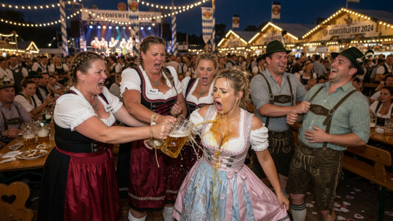 MITTEN AUF DEM OKTOBERFEST SCHRIE MICH DIE GELIEBTE MEINES MANNES AN, ZERRISS MEIN DIRNDL UND SCHÜTTETE MIR BIER INS GESICHT, WÄHREND ER NUR LACHTE… ABER DIE REAKTION VON 3 KRÄFTIGEN KELLNERINNEN VERWANDELTE DIESEN ALBTRAUM IN EINE UNGLAUBLICHE RACHEAKTION.
