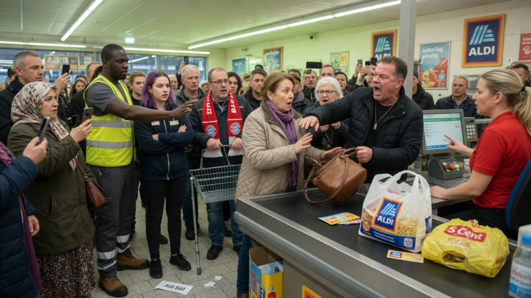 VOR DER ALDI-KASSE RISS MIR MEIN EHEMANN DIE TASCHE WEG UND BRÜLLTE MICH AN, WEIL ICH GELD FÜR SEINE AFFÄRE VERWEIGERTE – PLÖTZLICH STELLTEN SICH 5 FREMDE SCHÜTZEND VOR MICH UND ZEIGTEN DIESEM MONSTER SEINE WAHREN GRENZEN.