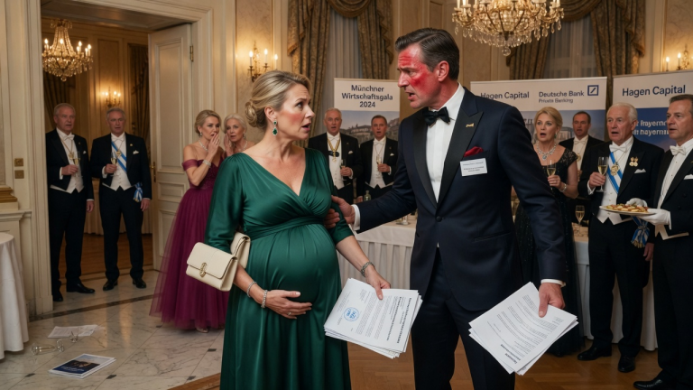 Mein Mann, der „große CEO“, zerrte mich vor der Münchner Elite aus dem Saal, obwohl ich in der 36. Woche schwanger war — er dachte, ich sei niemand, bis er meinen Nachnamen auf den Bankpapieren sah.