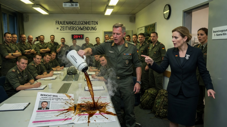 VOR DEN AUGEN VON 50 KAMERADEN SCHÜTTETE EIN HAUPTMANN HEIßEN KAFFEE ÜBER DEN BERICHT DER SOLDATIN MIA IN KÖLN, DA FRAUENANGELEGENHEITEN HIER WERTLOSE ZEITVERSCHWENDUNG SEIEN… IN DIESEM MOMENT BETRAT DIE VERTEIDIGUNGSMINISTERIN DEN RAUM UND ZOG EINE SCHOCKIERENDE KONSEQUENZ.