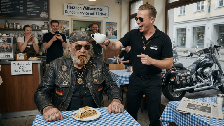 ALS DER ARROGANTE KUNDENDIENST IN MÜNCHEN DEM 70-JÄHRIGEN BIKER KLAUS HEISSEN KAFFEE INS GESICHT SCHÜTTETE UND IHN AUSLACHTE, WEIL ER ARM AUSSAH… AHNTE NIEMAND, DASS DIESER SCHEINBAR SCHWACHE MANN EIN GEFÜRCHTETER UNTERWELTBOSS WAR.