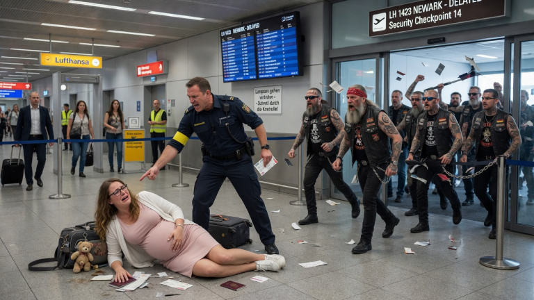 AM FRANKFURTER FLUGHAFEN STIESS DER WÜTENDE SICHERHEITSBEAMTE 1 WEINENDE SCHWANGERE ZU BODEN UND ZERRISS IHR TICKET, WEIL SIE ZU LANGSAM WAR… SEKUNDEN SPÄTER STÜRMTEN 30 SCHWER TÄTOWIERTE HELLS ANGELS BIKER DURCH DIE TÜR.