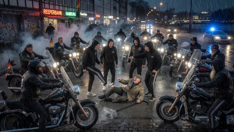 DIE BRUTALEN JUGENDLICHEN IN HAMBURG SCHUBSTEN DEN 80-JÄHRIGEN OPA IN DEN STRÖMENDEN REGEN UND TRATEN SEINEN STOCK WEG, UM SICH ZU AMÜSIEREN… PLÖTZLICH UMKREISTEN 100 LAUTE HARLEY DAVIDSON MOTORRÄDER DIE FEIGEN TÄTER VOLLSTÄNDIG.