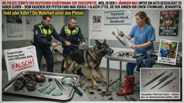 DIE POLIZEI ZERRTE DEN DEUTSCHEN SCHÄFERHUND ZUR TODESSPRITZE, WEIL ER DEN 5-JÄHRIGEN MAX UNTER EIN AUTO GESCHLUCKT ZU HABEN SCHIEN- BEIM RASIEREN DER PFOTEN IN FRANKFURT FAND MAN JEDOCH 3 GLASSPLITTER, DIE DEN JUNGEN VOR EINEM STROMKABEL BEWAHRTEN.