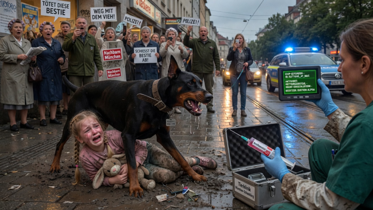 ALLE NACHBARN IN MÜNCHEN SCHRIEEN “TÖTET DIESE BESTIE”, ALS DER DOBERMANN DAS WEINENDE MÄDCHEN IN DEN DRECK WARF UND KNURRTE… DER TIERARZT STOPPTE DIE ANTHASIE, ALS ER UNTER DEM HALSBAND EINEN VERSTECKTEN MIKROCHIP MIT 1 GEHEIMEN RETTUNGSBEFEHL ENTDECKTE.