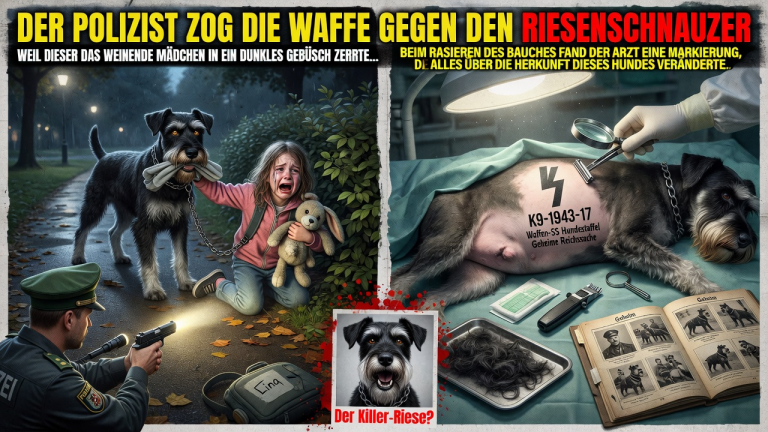 DER POLIZIST ZOG DIE WAFFE GEGEN DEN RIESENSCHNAUZER, WEIL DIESER DAS WEINENDE MÄDCHEN IN EIN DUNKLES GEBÜSCH ZERRTE… BEIM RASIEREN DES BAUCHES FAND DER ARZT EINE MARKIERUNG, DIE ALLES ÜBER DIE HERKUNFT DIESES HUNDES VERÄNDERTE.