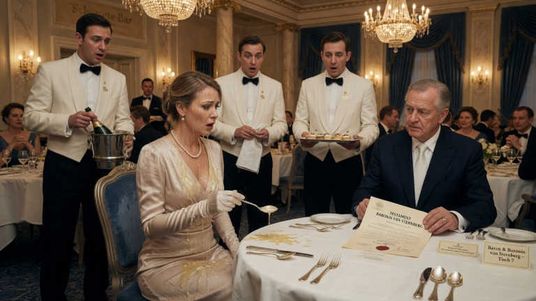 IM HOTEL ADLON KEMPINSKI SCHÜTTETE BARONIN VON STERNBERG MIR TEUREN CHAMPAGNER ÜBER MEIN SEIDENKLEID, WEIL ICH DEN FALSCHEN LÖFFEL BENUTZTE… 3 KELLNER ERSTARRTEN PLÖTZLICH, ALS MEIN MANN EIN DOKUMENT AUF DEN TISCH WARF, DAS ALLES VERÄNDERTE.
