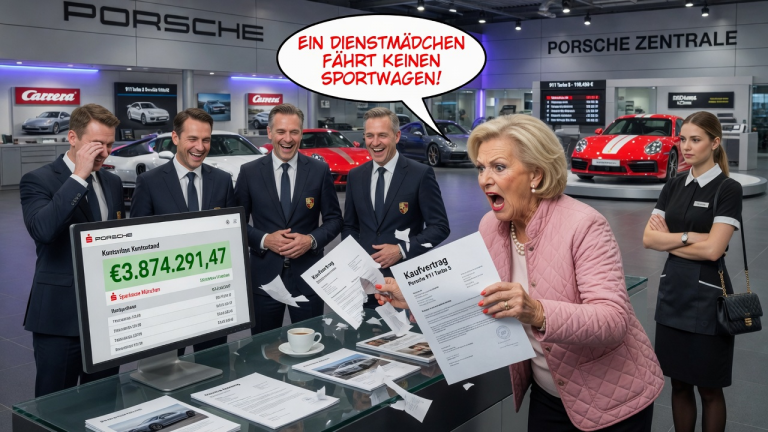 IN DER PORSCHE-ZENTRALE ZERRISS SCHWIEGERMUTTER RENATE MEINEN KAUFVERTRAG UND SCHRIE, DASS EIN DIENSTMÄDCHEN KEINEN SPORTWAGEN FAHREN DARF… 4 VERKÄUFER LACHTEN JEDOCH NUR, ALS SIE MEINEN ECHTEN KONTOSTAND AUF DEM BILDSCHIRM SAHEN.