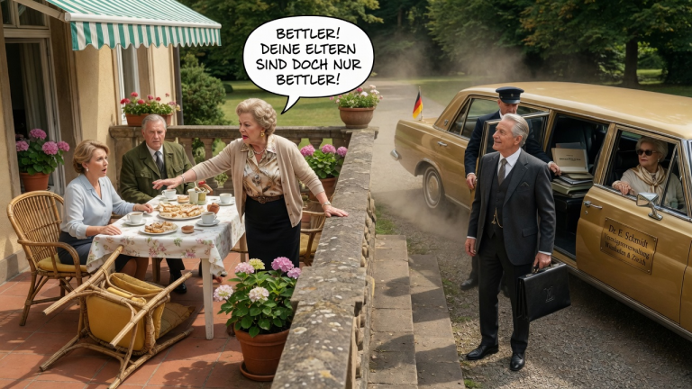 AUF DER TERRASSE UNSERES LANDSITZES IN HESSEN SCHUBSTE SCHWIEGERMUTTER RENATE MEINEN STUHL UM UND BELEIDIGTE MEINE ELTERN ALS BETTLER… 6 SEKUNDEN DANACH FUHR EINE GOLDENE LIMOUSINE VOR UND MEIN VATER ENTHÜLLTE SEIN RIESIGES VERMÖGEN.