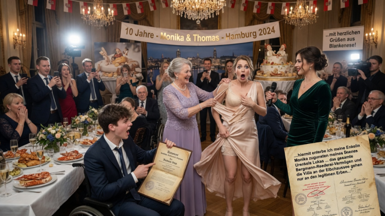 WÄHREND UNSERER 10. HOCHZEITSTAGSFEIER IN HAMBURG ZERREISST MEINE SCHWIEGERMUTTER MEIN KLEID UND PRÄSENTIERT DIE GELIEBTE ALS ÜBERRASCHUNGSGAST, UM MICH ZU DEMÜTIGEN… WELCHES GEHEIMNIS ÜBER DAS ERBE ENTHÜLLT MEIN SOHN JETZT VOR ALLEN GÄSTEN