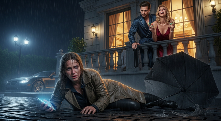 Er warf mich im strömenden Regen wie Müll auf die Straße, während seine neue Affäre vom Balkon spottete – aber dieser miese Verräter ahnte nicht, dass ich heimlich die Besitzerin seines gesamten Luxuslebens war und ein einziger Anruf ihn ruinieren würde.