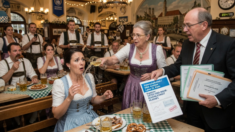 WÄHREND DER FAMILIENFEIER IM HOFBRÄUHAUS MÜNCHEN SCHÜTTET DIE SCHWIEGERMUTTER DER FRAU VERÄCHTLICH DEN WEISSWEIN INS GESICHT, DA SIE ANGEBLICH UNFRUCHTBAR SEI – ALS DER ANWALT PLÖTZLICH 3 MEDIZINISCHE AKTEN UND EINEN VATERSCHAFTS-TEST VORLEGT, ERSTARRT DIE ALTE DAME.