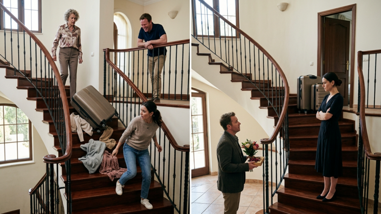 KAPITEL 2 – DIE SCHWIEGERMUTTER WARF DIE KOFFER DER SCHWIEGERTOCHTER DIE TREPPE DER VILLA HINUNTER UND IHR MANN BRACH VOR LACHEN FAST ZUSAMMEN — DOCH DREI TAGE SPÄTER BLIEB GENAU DIESE TREPPE FÜR IHN VERSCHLOSSEN.