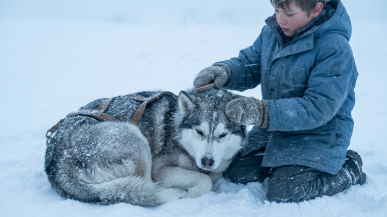 DER JUNGE BAND DEN HUSKY LOS, DER MITTEN IM SCHNEESTURM GEZWUNGEN WORDEN WAR, EINEN SCHLITTEN ZU ZIEHEN … DANN FÜHRTE DER HUND IHN ZU EINEM ALTEN, VERFALLENEN HAUS.