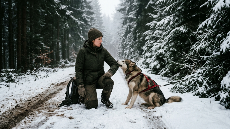 DIE FRAU RETTETE DEN SCHLITTENHUND, DER AM STRASSENRAND IM SCHWARZWALD ZUSAMMENGEBROCHEN WAR … DOCH ER LIEF NICHT DAVON, SONDERN BISS IN IHRE JACKE UND ZOG SIE ZU EINEM WEINEN IM WALD.