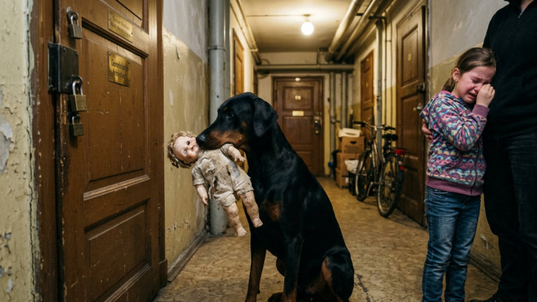 DER DOBERMANN BRACHTE EINE ALTE PUPPE VON DEM BRACHLAND HINTER UNSEREM HAUS IN BERLIN NACH HAUSE. ER WOLLTE SIE NICHT LOSLASSEN UND STARRTE NUR AUF DEN VERSCHLOSSENEN KELLER. ALS MEINE TOCHTER DIE PUPPE SAH, BRACH SIE IN TRÄNEN AUS.