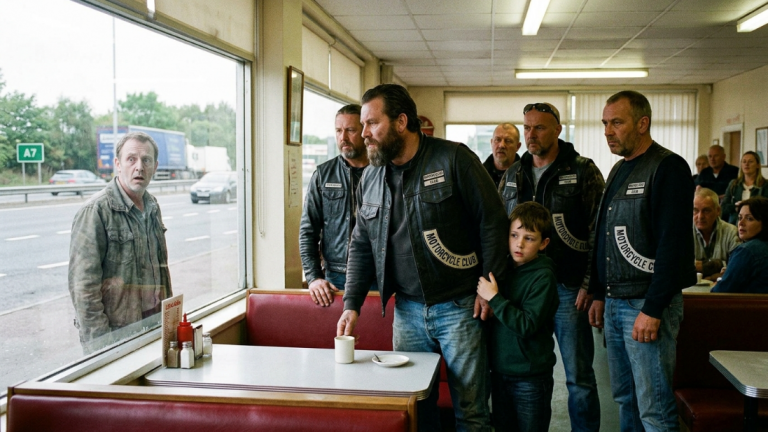 DAS KIND RANNTE IN EIN STRASSENLOKAL NAHE DER AUTOBAHN A7 UND VERSTECKTE SICH HINTER EINEM BIKER, DER GERADE KAFFEE TRANK. DRAUSSEN SAH DER MANN, DER SICH ALS SEIN VATER AUSGAB, DURCH DIE SCHEIBE UND WURDE SOFORT KREIDEBLEICH, ALS DIE GANZE BIKERGRUPPE AUFSTAND.