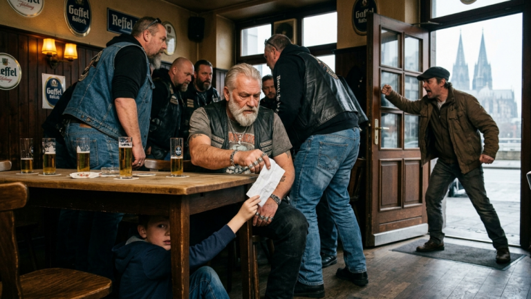 DER JUNGE VERSTECKTE SICH UNTER DEM TISCH EINES SILBERBÄRTIGEN BIKERS IN EINEM STRASSENLOKAL IN KÖLN UND REICHTE IHM EINEN HILFERUF-ZETTEL. DER MANN, DER SICH ALS SEIN VATER AUSGAB, HÄMMERTE AN DIE TÜR UND SCHRIE, DOCH ER WICH SCHRITT FÜR SCHRITT ZURÜCK, ALS DIE GANZE BIKERGRUPPE AUFSTAND.