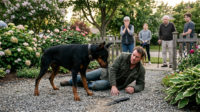 Der Mann betritt den Garten und wird zunächst nur für einen Verirrten gehalten … bis der Dobermann plötzlich losstürmt und ihn mit wilder Wut angreift. Die ganze Nachbarschaft schreit, weil alle denken, der Hund habe die Kontrolle verloren – doch dann fällt ein Messer zu Boden und alles erstarrt in völliger Stille.“