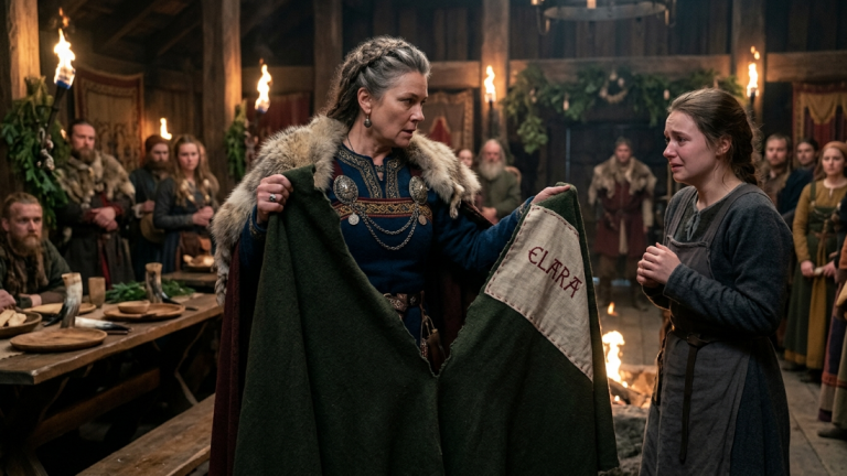 DIE FRAU DES JARLS RISS DEN UMHANG DES DIENSTMÄDCHENS VOR DEM WINTERFEST IN ZWEI HÄLFTEN … DOCH IM FUTTER STAND DER NAME IHRER VERSCHWUNDENEN TOCHTER.