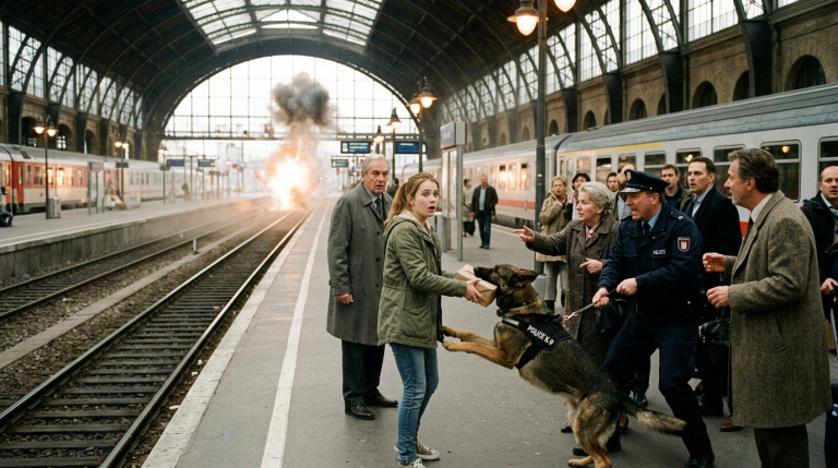 Das Mädchen steht mitten im Bahnhof und nimmt ein kleines Geschenk von einem Fremden an – da stürmt plötzlich ein Polizeihund herbei und reißt es ihr aus der Hand. Während die Menschen bereits den Hund tadeln, erschüttert eine Explosion in der Ferne den gesamten Bahnhof und lässt alle erkennen, welchem schrecklichen Ereignis sie gerade entkommen sind.