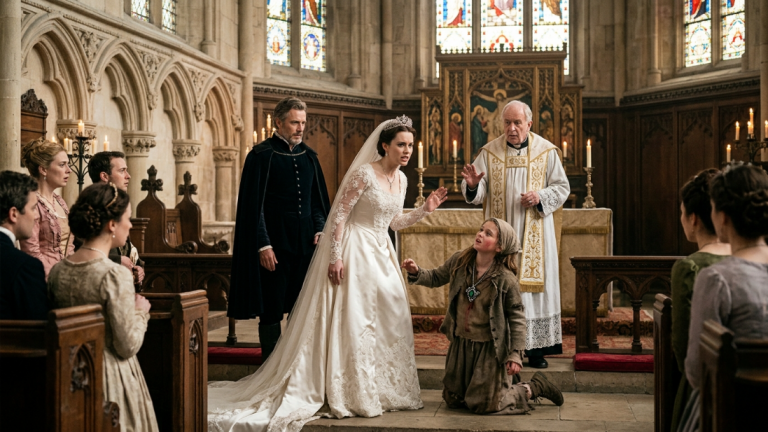 DAS ARME MÄDCHEN WURDE VON DER ADLIGEN BRAUT VOR DEM ALTAR GEOHRFEIGT, WEIL SIE ES GEWAGT HATTE, DIE HOCHZEIT DES HERZOGS ZU BETRETEN … DOCH ALS DER ALTE PRIESTER DIE HALSKETTE AN IHREM HALS SAH, BRACH ER DIE ZEREMONIE SOFORT AB.