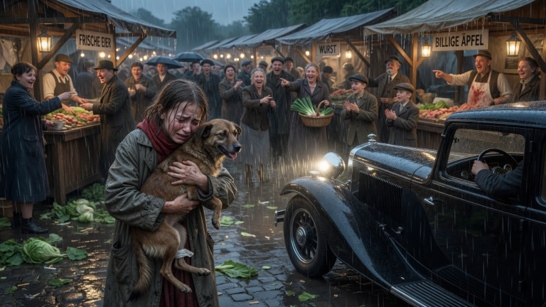 DAS ARME MÄDCHEN HIELT DEN KRANKEN HUND IM REGEN FEST, WÄHREND DER GANZE MARKT LACHTE — BIS EIN SCHWARZER WAGEN PLÖTZLICH VOR IHR ANHIELT