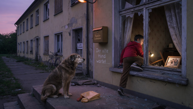 DER ALTE HUND SAẞ JEDEN ABEND VOR DEMSELBEN LEEREN HAUS — BIS EIN KLEINER JUNGE IHM HEIMLICH DURCH DAS ZERBROCHENE FENSTER FOLGTE