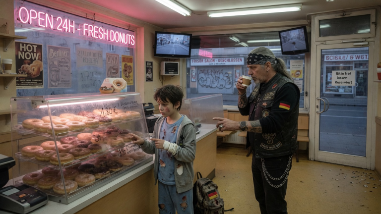 NACH 18 TAGEN VERSTECKT IM KELLER EINES GESCHLOSSENEN FRISEURSALONS GING DER VERLETZTE 9-JÄHRIGE JUNGE KURZ VOR SONNENAUFGANG IN EINEN 24-STUNDEN-DONUTLADEN UND BAT UM „EINEN PLATZ NAHE AM AUSGANG“ – DANN TIPPTE ER DREIMAL GEGEN DAS ZUCKERGLAS, UND DER GRAUHAARIGE BIKER VERSTAND
