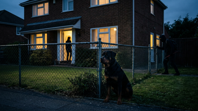 Der Rottweiler wird von seinem Besitzer in einer kalten Entscheidung aus dem Haus verstoßen … doch er geht nicht fort, sondern bleibt still um den Zaun herum. Als die Nacht hereinbricht, schleicht sich ein bewaffneter Einbrecher ins Gelände – und genau der verstoßene Hund wird zur letzten Schutzmauer dieser Familie.