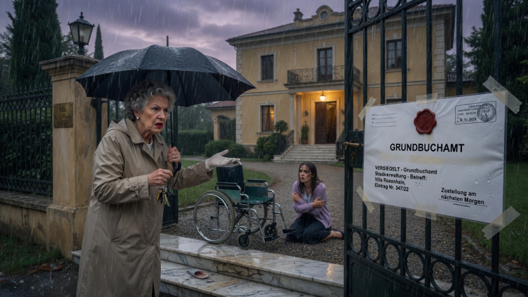 DIE SCHWIEGERMUTTER STIEẞ DIE SCHWIEGERTOCHTER IM ROLLSTUHL VOR DER VILLA IN DEN REGEN UND VERLANGTE DIE HAUSSCHLÜSSEL ZURÜCK — DOCH AM NÄCHSTEN MORGEN STAND EIN VERSIEGELTES SCHREIBEN VOM GRUNDBUCHAMT AM TOR.