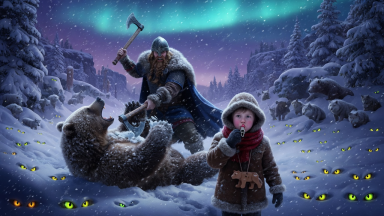 DER VIKINGERKRIEGER SCHLUG DEN BÄREN DES JUNGEN MIT DER AXT ZU BODEN — BIS DAS KIND NUR EINEN TON PFIFF UND IM SCHNEE DUTZENDE AUGEN AUFLEUCHTETEN…