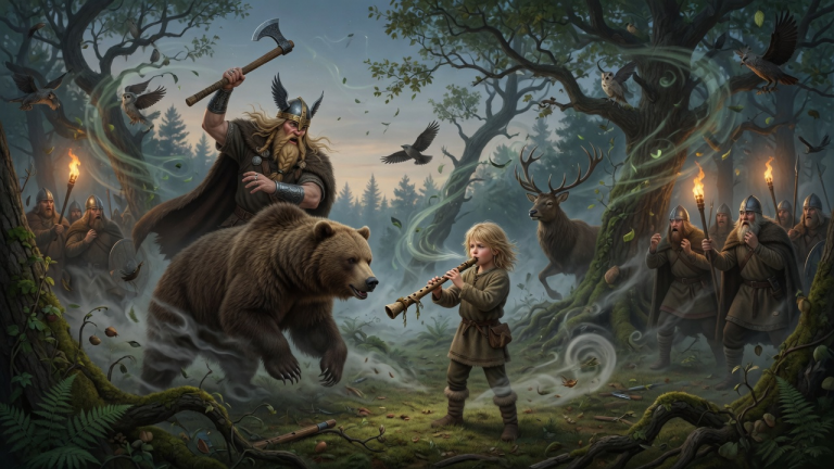 DER VIKINGERFÜRST WOLLTE DEN BÄREN DES JUNGEN VOR ALLEN MÄNNERN ERSCHLAGEN — BIS DAS KIND DIE ALTE FLÖTE HOB UND DER WALD SICH BEWEGTE…