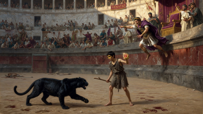 DER WAISENJUNGE MUSSTE IN DER VENATIO VOR EINEN SCHWARZEN PANTHER TRETEN — DOCH ALS DER KAISER DEN ALTEN RING AN SEINER HAND ERKANNTE, SPRANG ER VON SEINEM SITZ AUF…