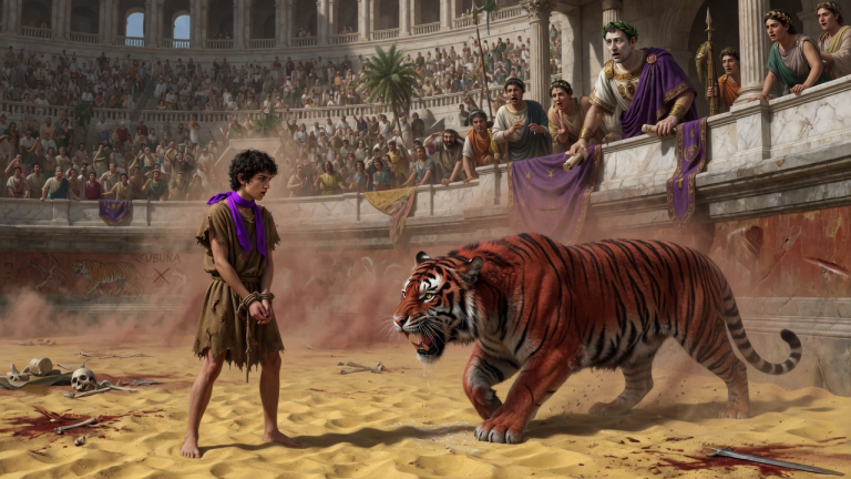 DER JUNGE AUS DER SUBURA STAND IM SAND DES AMPHITHEATERS VOR EINEM HIRKANISCHEN TIGER — DOCH ALS DER KAISER DAS PURPURBAND AN SEINEM HALS SAH, WURDE SEIN GESICHT BLEICH…